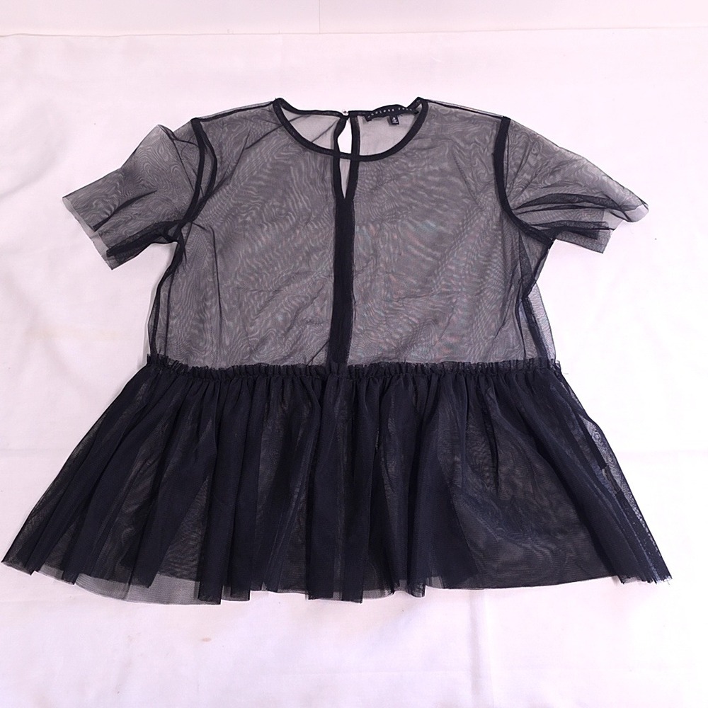 Endless Rose Peplum Top Womens Medium Black Sheer Mesh Short Sleeve Tulle Blouse